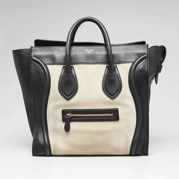 Celine Black Leather and Beige Nubuck Medium Luggage Shopper Tote Bag - Picture 1 of 12